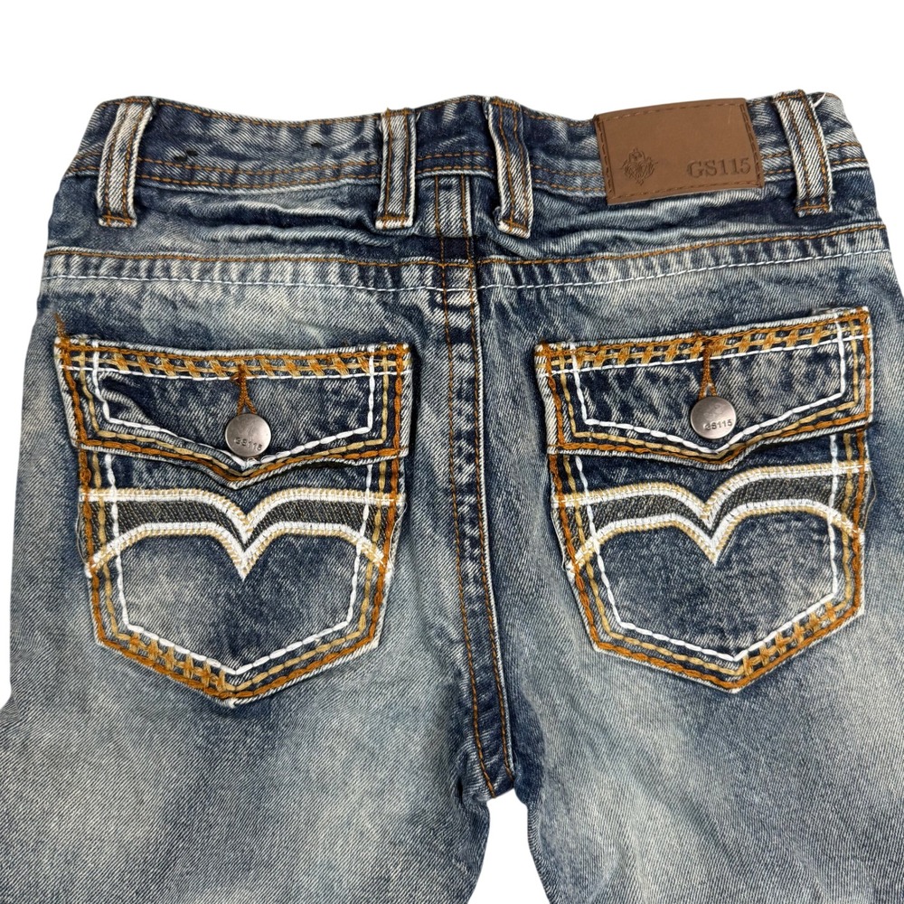 GS115 Boys Blue Denim Jeans Embroidered Pockets Straight Leg Size 7 4741RV